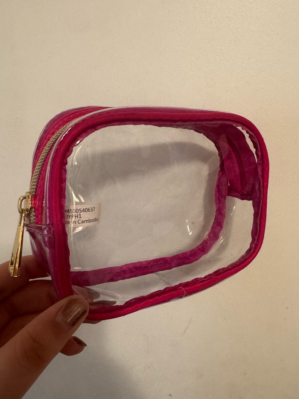 Small clear hot pink cosmetic bag